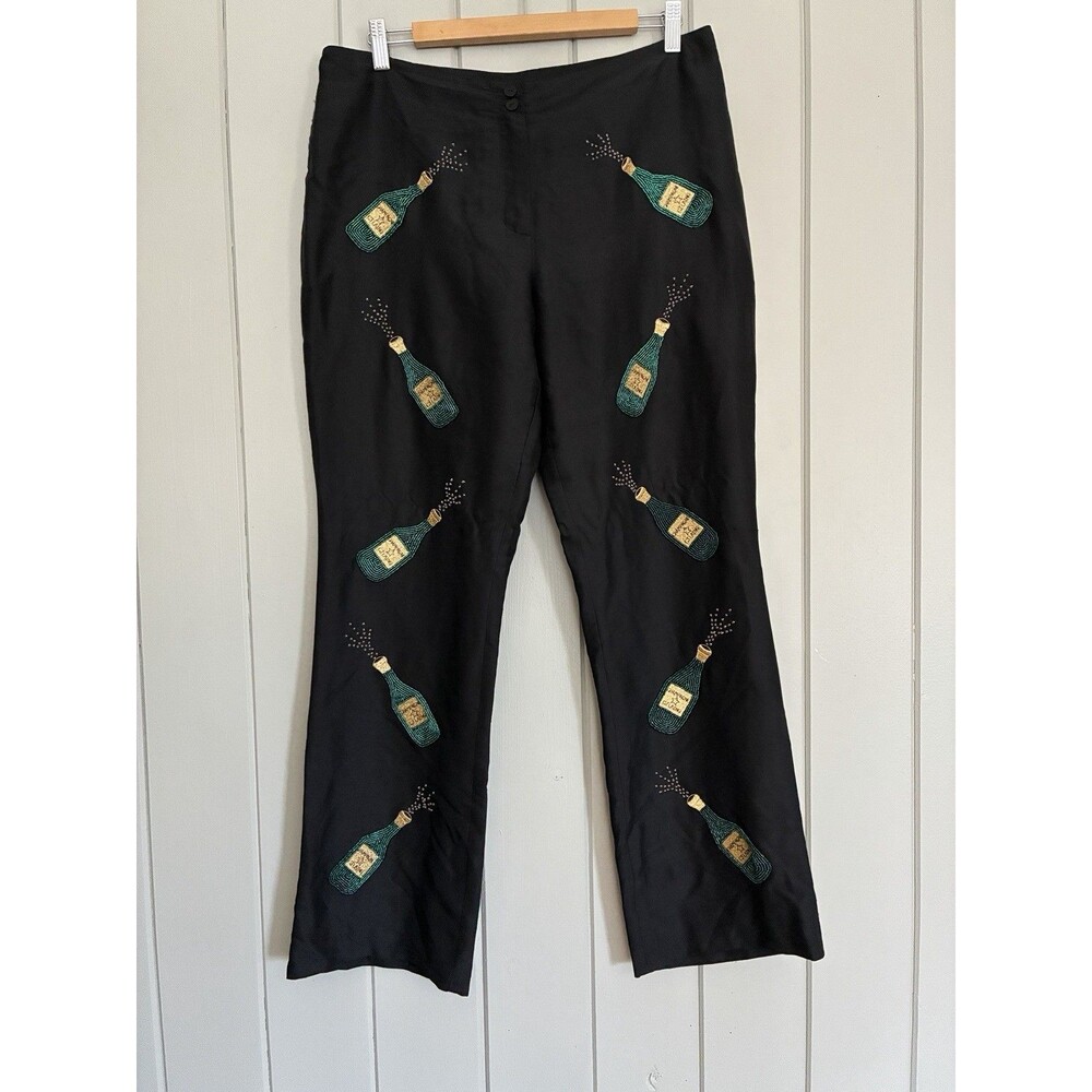 CJ Laing Women’s Pants 12 100% Silk Beaded Champagne Bottles Green Gold Straight